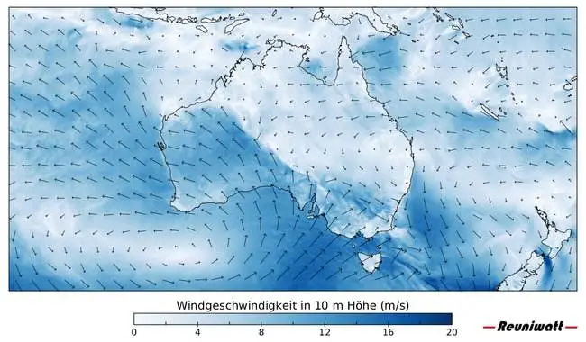 Karte der Richtung der Windgeschwindigkeit bei Windturbinen in Australien Windkraftanlage Leistung Geschwindigkeit Richtung Australien