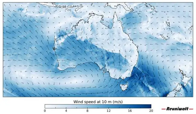 Wind turbine power speed direction Australia Map of wind turbine power speed direction in Australia