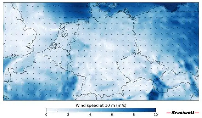 Wind turbine power speed direction Germany Map of wind turbine power speed direction in Germany