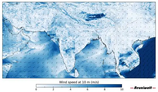 Map of wind turbine power speed direction in India