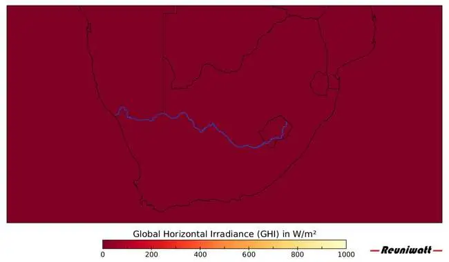 Solar power production irradiance radiation South Africa Map of solar power production irradiance in South Africa