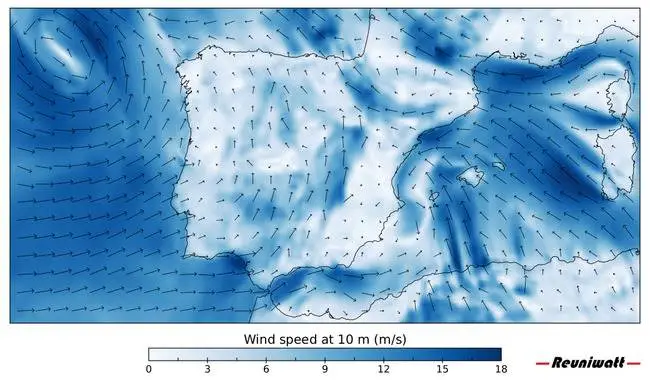 Wind turbine power speed direction Spain Map of wind turbine power speed direction in Spain