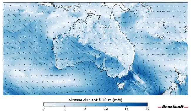 Eolien turbine puissance vitesse direction Australie Carte de la puissance et de la direction éolienne en Australie