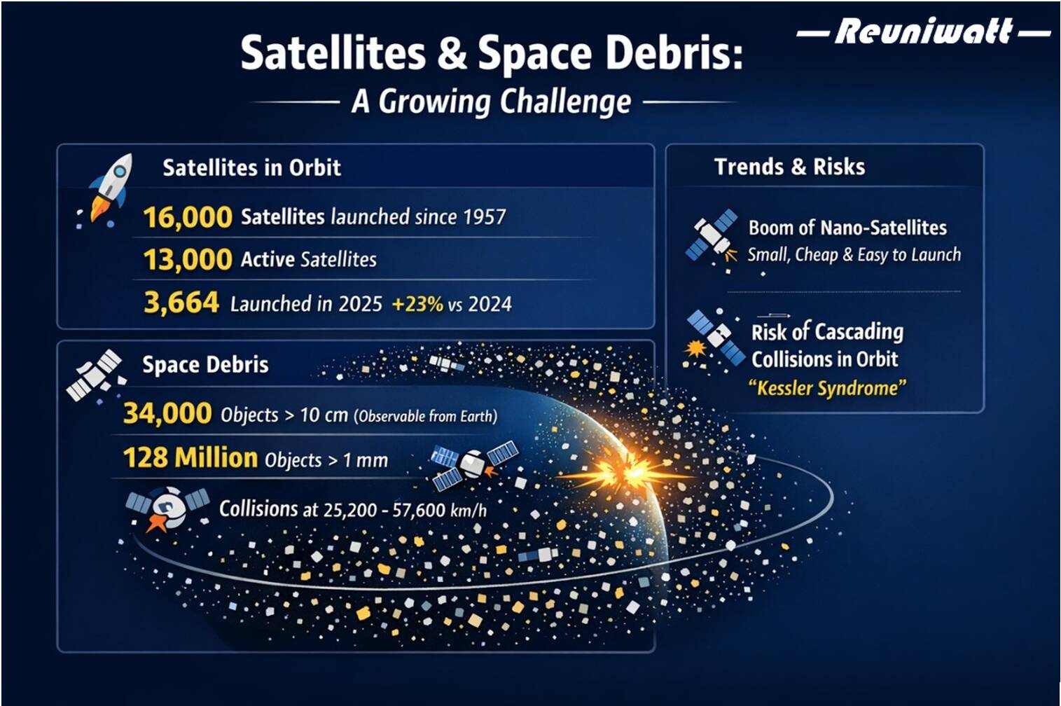 Satellites et débris spatiaux croissants.